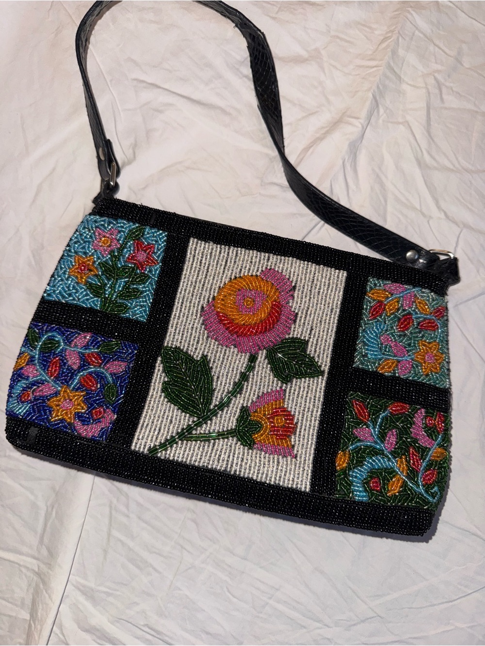 Headed Hand-Beaded Floral Patchwork Shoulder Bag